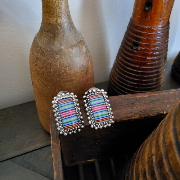 Western Rectangle Burnished Silver Stud Earrings Colorful Stripe - Picture 2 of 9